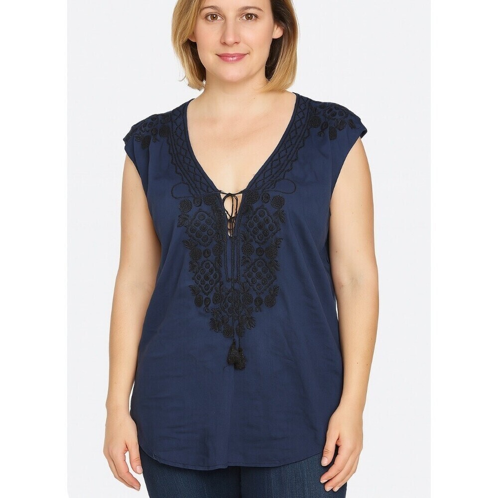 J. Crew top blue and black embroidered V-neck lightweight sleeveless blouse SZ S